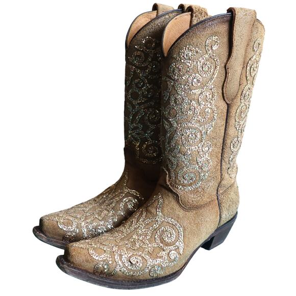 Corral Teen Tan Leather Boots Embroidered Gold Glitter 5 T Western Womens 7 - Picture 4 of 9
